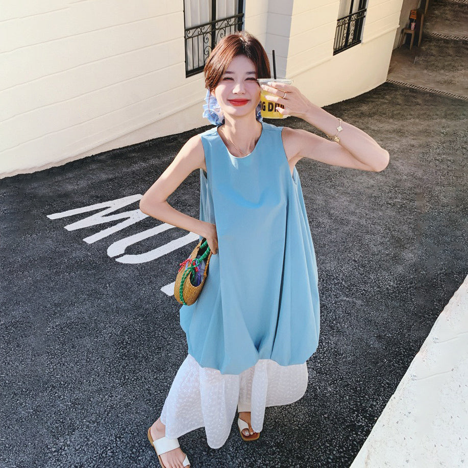 2点セット！【セットアップ】夏新作 優しげコーデ ノースリーブワンピース ＋ レースワイドパンツ 2点セット【JZシリーズ】