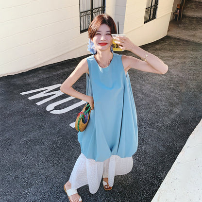 2点セット！【セットアップ】夏新作 優しげコーデ ノースリーブワンピース ＋ レースワイドパンツ 2点セット【JZシリーズ】