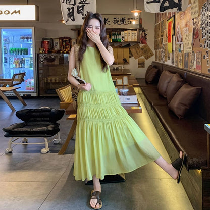 【ワンピース】気質スタイル 夏 海辺リゾート風 ギャザー入りシフォンロングドレス  ノースリーブワンピース