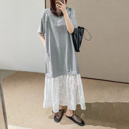 【ワンピース】カジュアル ロングTシャツワンピース レイヤード風 サイドレース切替 半袖 スリム見え デザイン感【JZシリーズ】