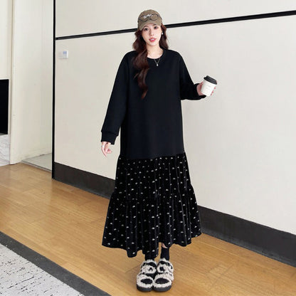 【ワンピース】秋冬 大きいサイズ ベロア切替Aラインスウェット長袖ワンピース ゆったり 洋服感アップ【JZシリーズ】