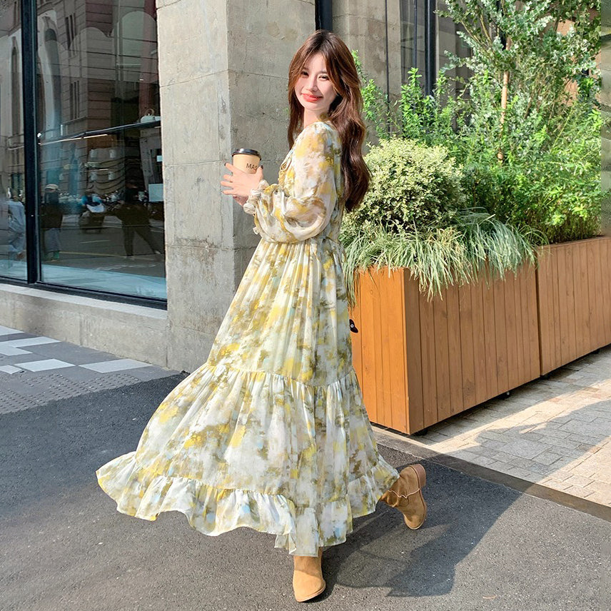 花柄フリル付き長袖ワンピース ワンピース】フレンチ若見え フリル 花柄長袖ワンピース レディース