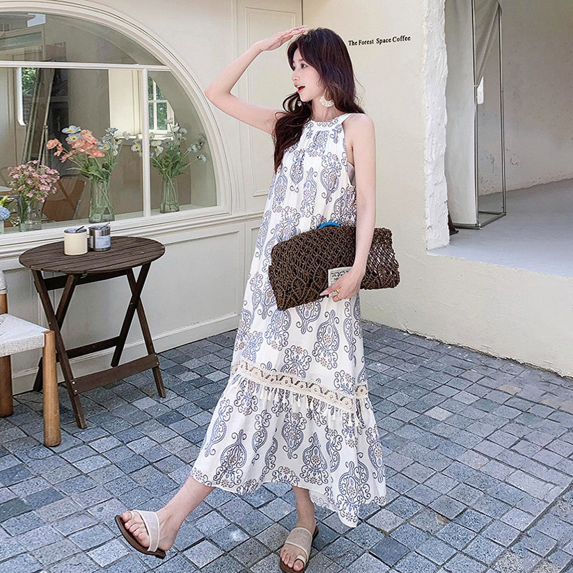 【ワンピース】高級感 青花瓷プリント 夏 刺繍 フリンジ ドレープ ノースリーブワンピース【SHシリーズ】