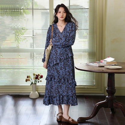 【ワンピース】2025秋新作 Vネック花柄 長袖ワンピース 体型カバー ゆったり細見え【SHシリーズ】