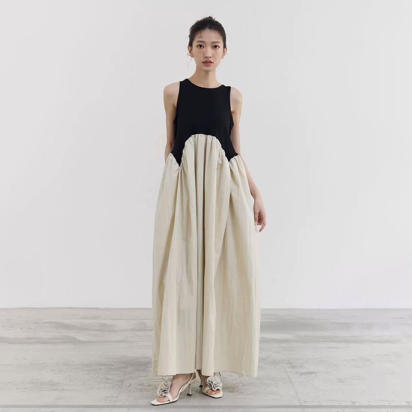 【ワンピース】レトロデザイン バイカラー アシンメトリー ノースリーブワンピース レディース 夏 キャミソール ロングドレス【SHシリーズ】