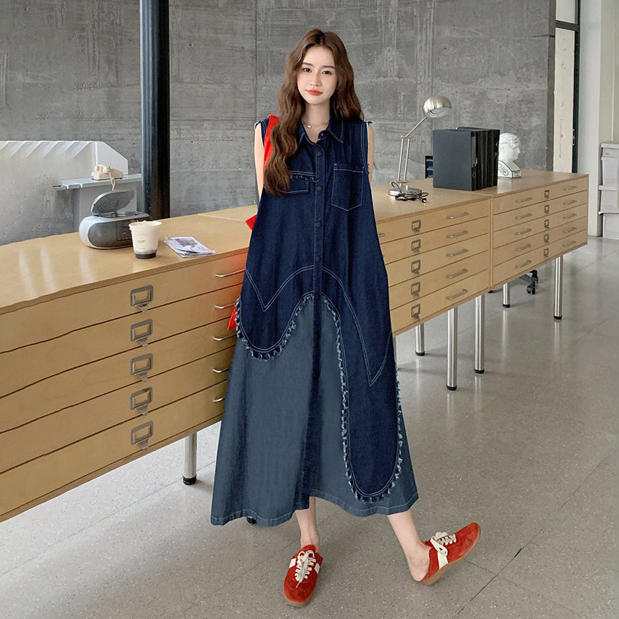 【ワンピース】フェイクレイヤードデニムノースリーブワンピース レディース 夏新作 韓国風 おしゃれロングドレス【JZシリーズ】