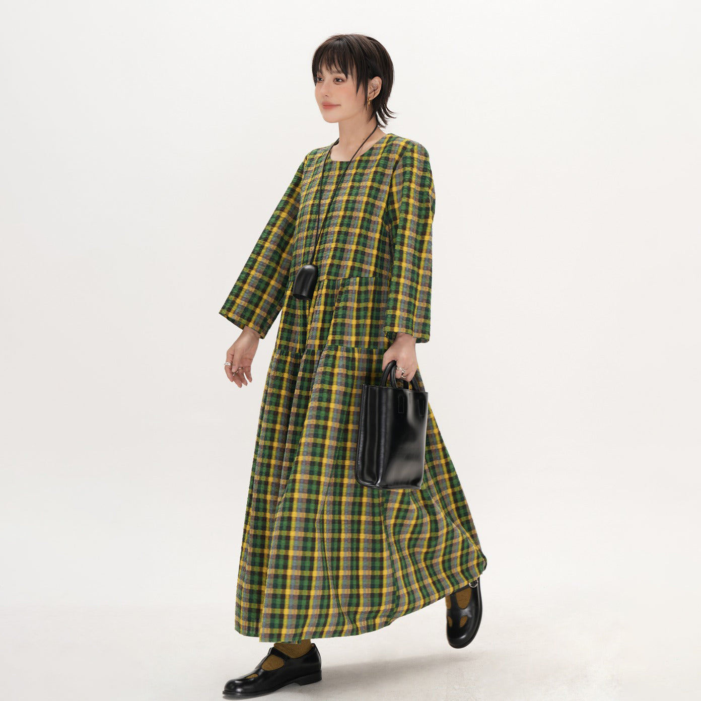 【ワンピース】レトロ チェック ワンピース レディース ゆったり 体型カバー 大きいサイズ ミディアム丈 長袖 デザイン感 ワンピース【SHシリーズ】