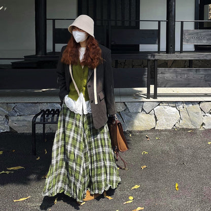 【ボトムス】2025秋冬新作 レディース チェック柄 ロングスカート グリーン 細見え 大人可愛い【SHシリーズ】