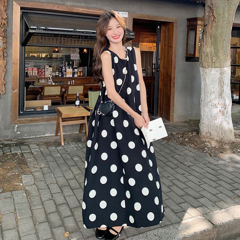 【ワンピース】韓国風 レトロ ドット柄 ノースリーブ ワンピース 夏 カジュアル 着痩せ 上品 ロング丈【SHシリーズ】