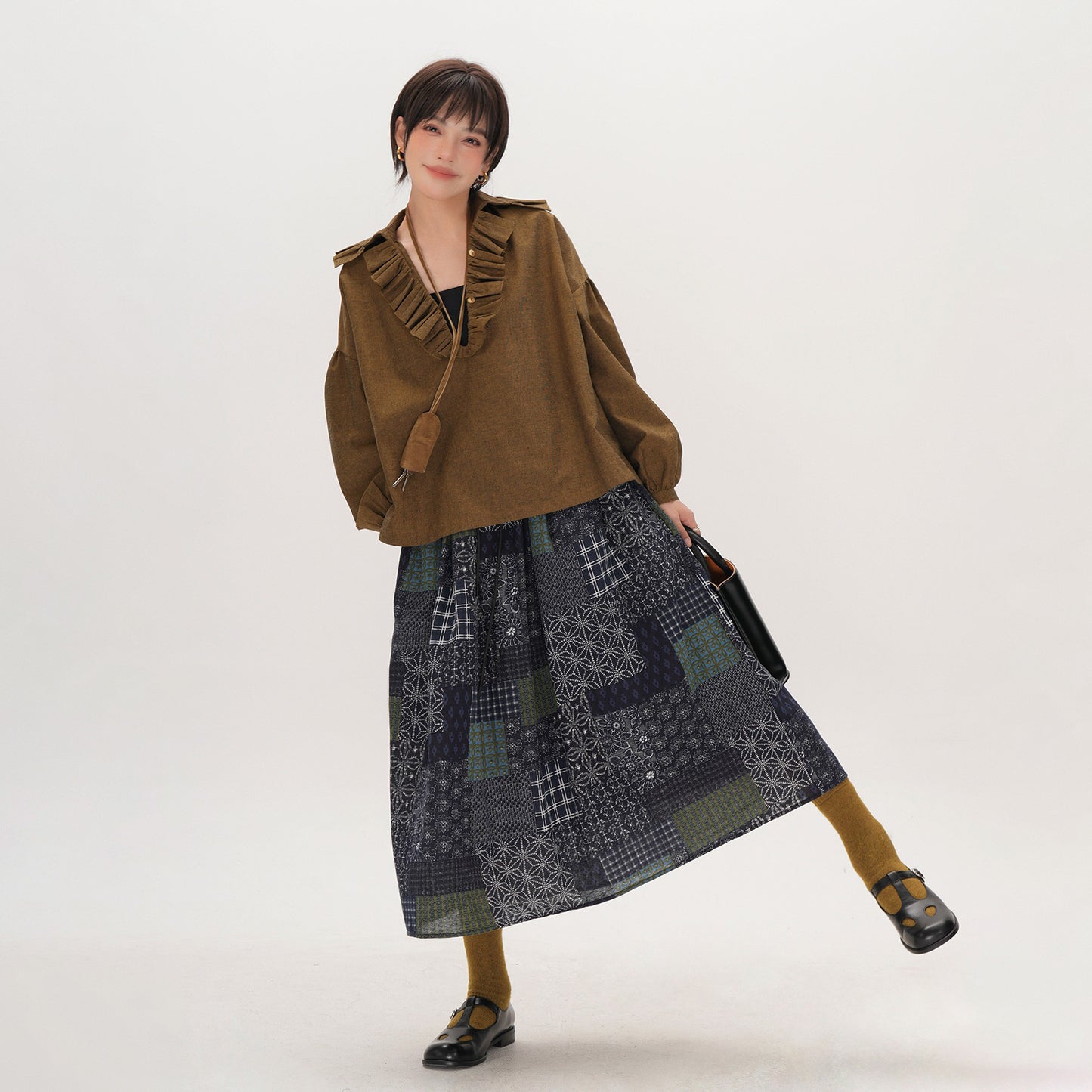 【ボトムス】レトロ 切替 スカート レディース 大きいサイズ ミディアム丈 Aライン フレアスカート チェック パッチワーク ロングスカート 初秋【SHシリーズ】【JZシリーズ】