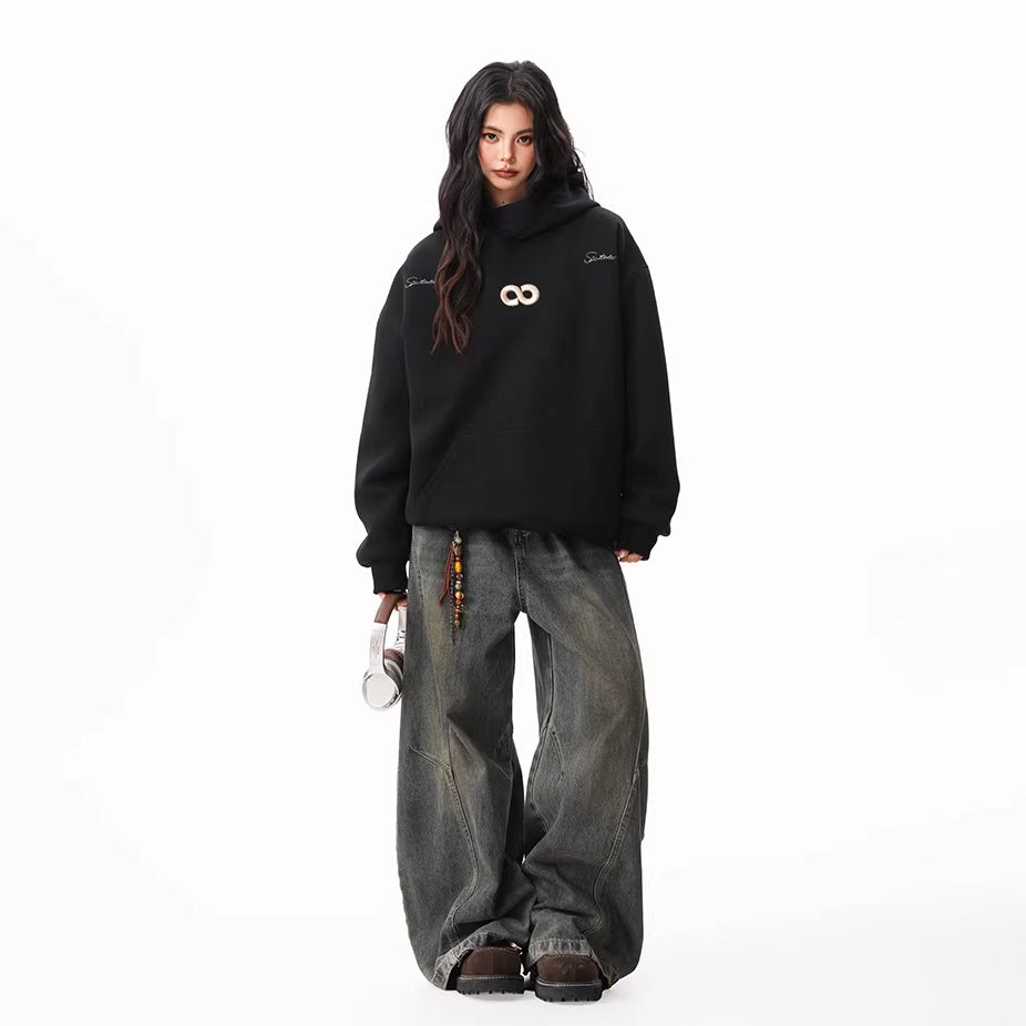 【トップス】立体ナンバー刺繍 裏起毛 フーディ レディース メンズ 秋冬 ルーズ カップル パーカー【FCシリーズ】