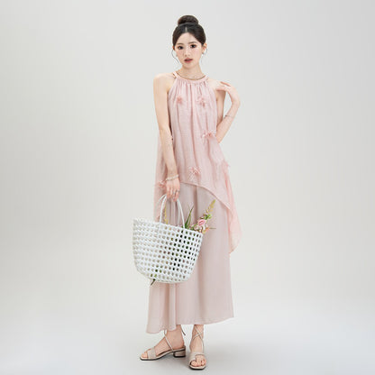 【ワンピース】夏新作 フレンチバカンス風 立体フラワー付き ハルターネック ノースリーブワンピース【SHシリーズ】