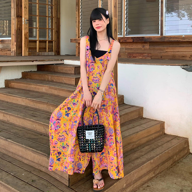 【ボトムス】アート油彩柄 サロペット レディース オールインワン 夏 Vネック ワイドパンツ ゆったり 体型カバー 涼しげ 着痩せ 上品 モード カジュアル【SHシリーズ】