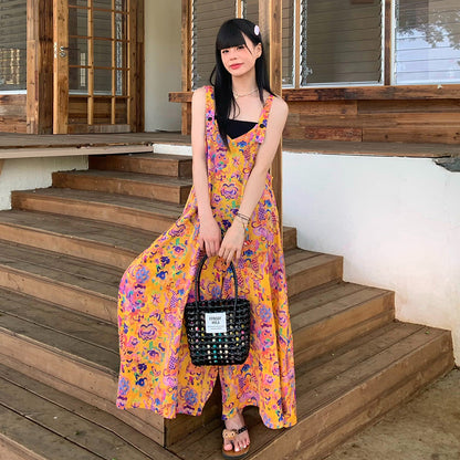 【ボトムス】アート油彩柄 サロペット レディース オールインワン 夏 Vネック ワイドパンツ ゆったり 体型カバー 涼しげ 着痩せ 上品 モード カジュアル【SHシリーズ】