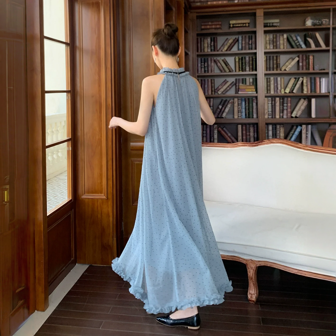 【ワンピース】夏 フリルレース ホルターネック ロング ノースリーブ ワンピース 【JZシリーズ】