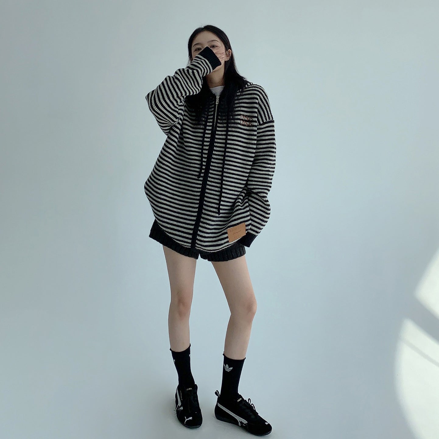 【トップス】ゆるレトロ感♡厚手ボーダーニットパーカー カーディガン レディース 冬の定番アイテム【FCシリーズ】