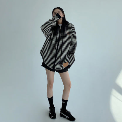 【トップス】ゆるレトロ感♡厚手ボーダーニットパーカー カーディガン レディース 冬の定番アイテム【FCシリーズ】