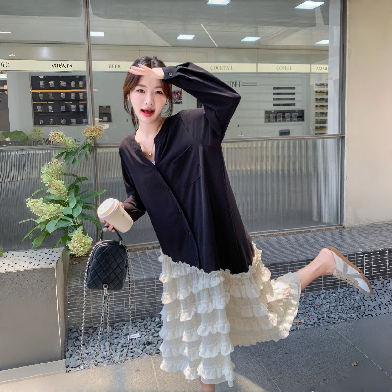 【ワンピース】アシンメトリー フリル レース 切り替えし カジュアル 長袖ワンピース【JZシリーズ】