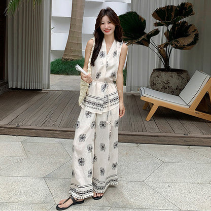 2点セット！【セットアップ】エスニック柄ベスト＋ワイドパンツ 上下セットアップ 韓国風 夏 レディースコーデ【SHシリーズ】
