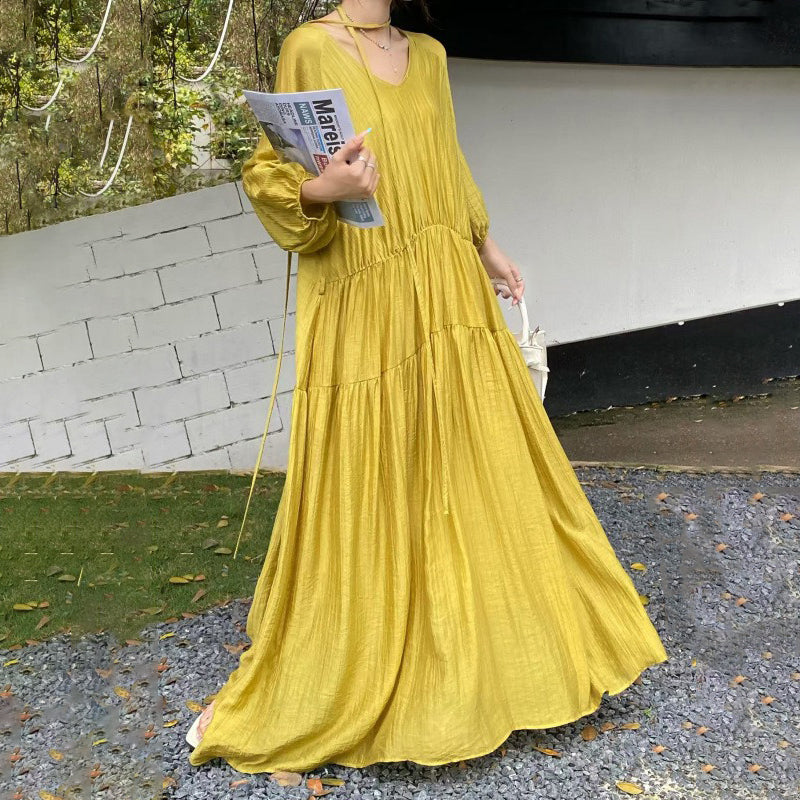 【ワンピース】7カラー 夏 韓国風 ゆったり 大きめサイズ ロング丈 無地 長袖ワンピース