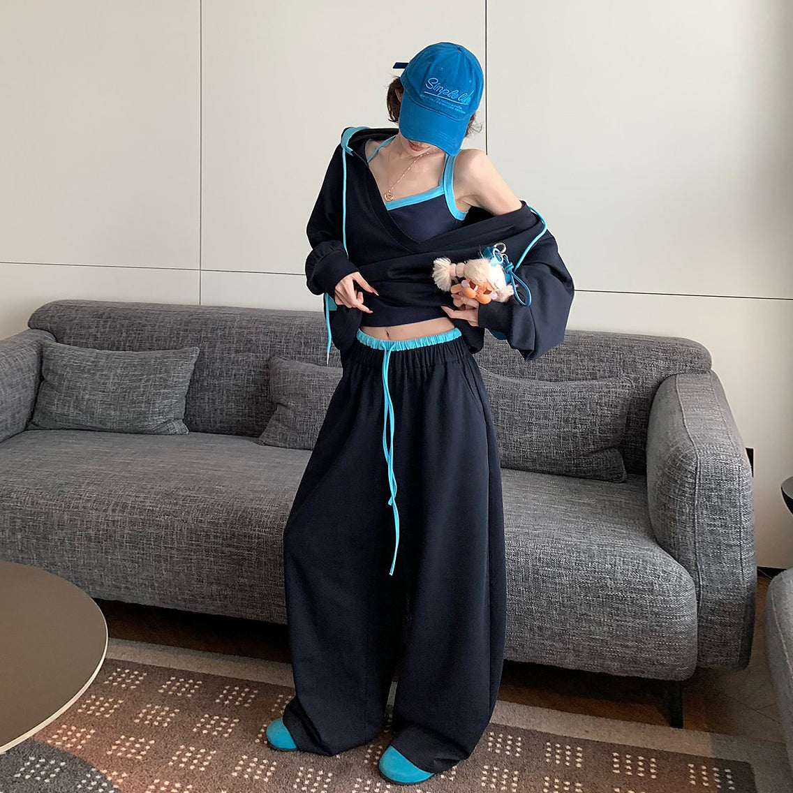 【セットアップ】【単品注文】韓国風フード付きスウェット×ワイドパンツ 上下セット レディース 秋新作 ゆったり体型カバー【FCシリーズ】