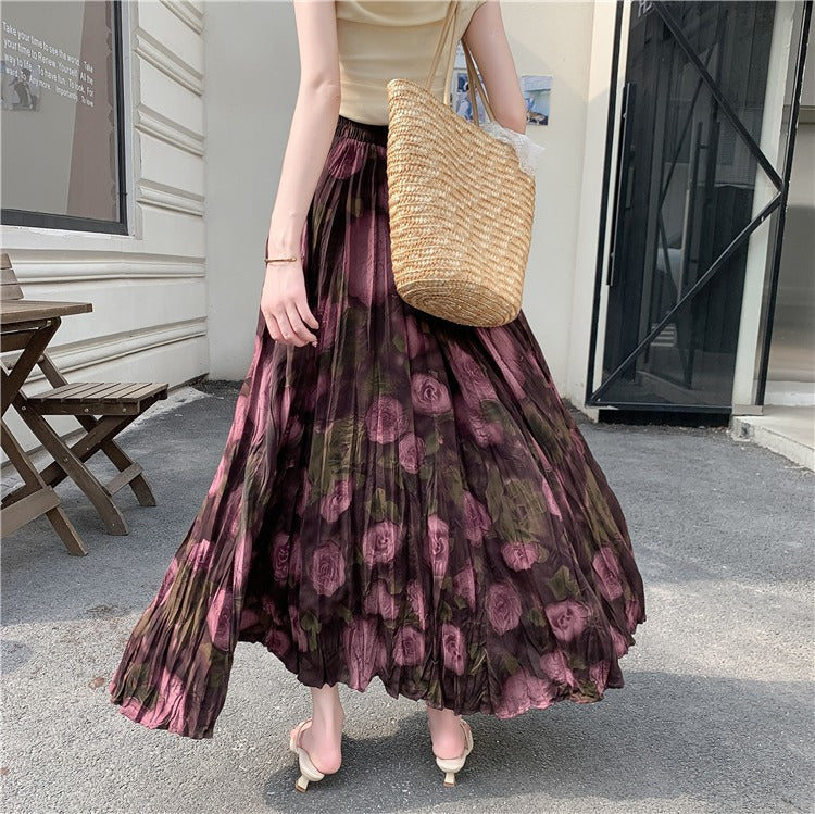 【ボトムス】ウエストゴム コーデしやすい ハイウエスト ロングスカート プリーツ 脚長効果Aラインスカート【SHシリーズ】