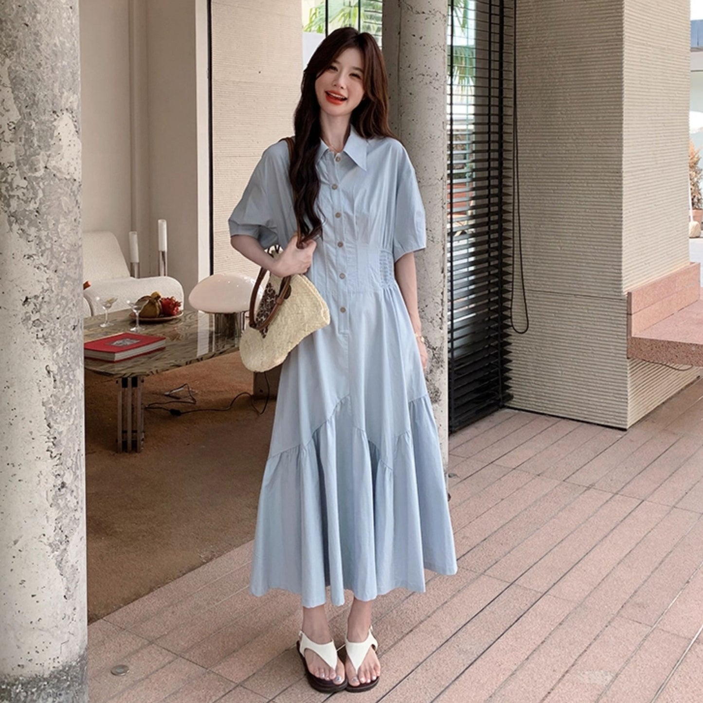 【ワンピース】韓国風 甘めポロ襟マーメイドワンピース 夏 ロング 半袖シャツワンピース【JZシリーズ】