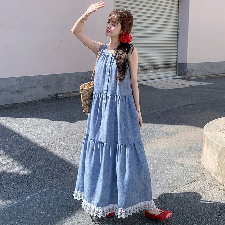 【ワンピース】ユニーク 優しげ 可愛い レース 切り替え ノースリーブ キャミソール ワンピース レディース 夏 フレンチ 気質 若見え マキシ丈【JZシリーズ】