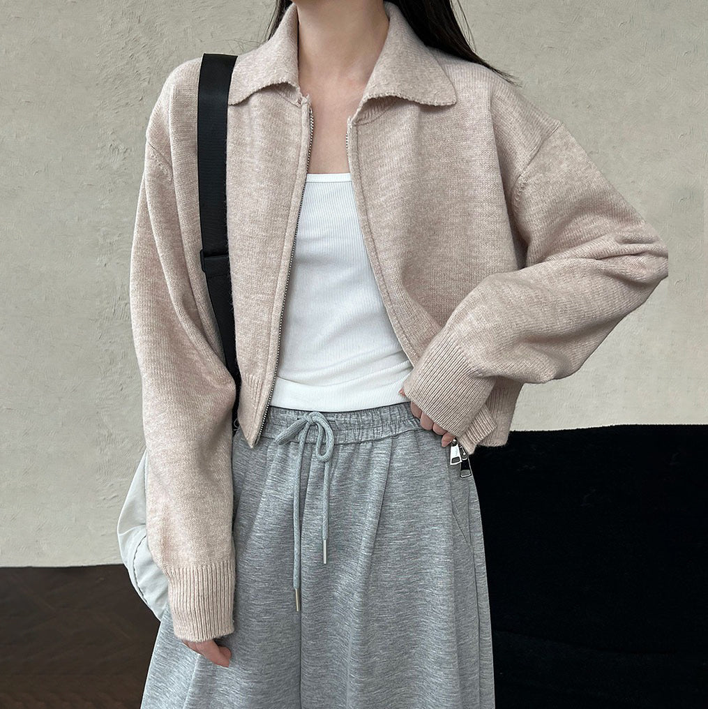 【トップス】春 秋 冬 ショート丈  ダブルジップ ニットカーディガン ポロカラー セーター 【JZシリーズ】