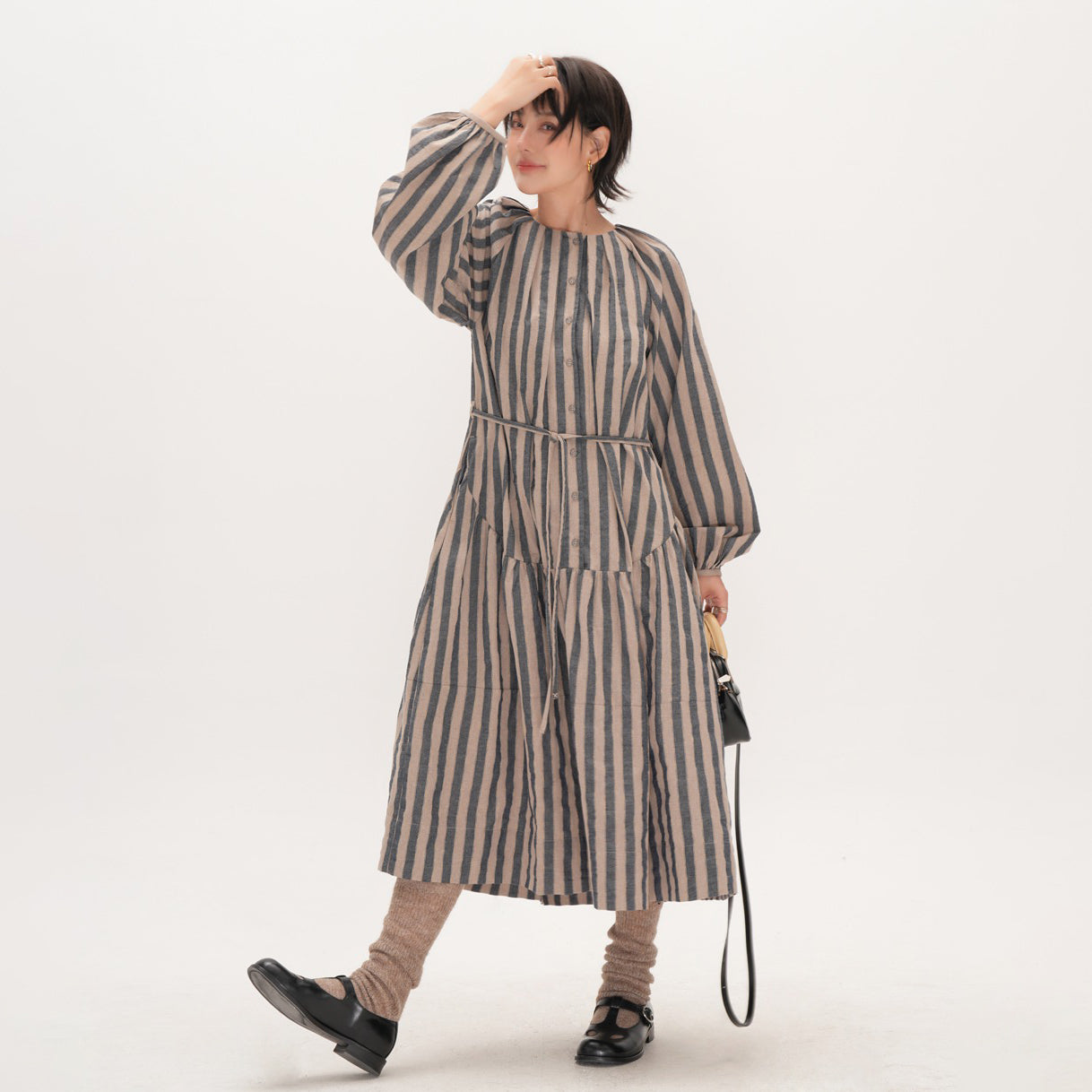 【ワンピース】ストライプ ワンピース 秋 オリジナル 日本風 ゆったり ミディアム丈 長袖 ロングワンピース【SHシリーズ】【JZシリーズ】【15-25日発送】