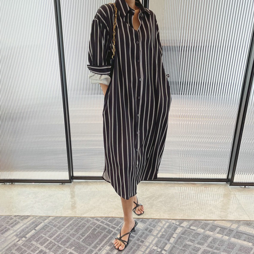 【ワンピース】韓国風 ストライプシャツワンピース レディース 長袖 春夏秋 ゆったりカジュアル ルーズシルエット ミモレ丈【SHシリーズ】