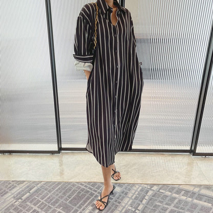 【ワンピース】韓国風 ストライプシャツワンピース レディース 長袖 春夏秋 ゆったりカジュアル ルーズシルエット ミモレ丈【SHシリーズ】