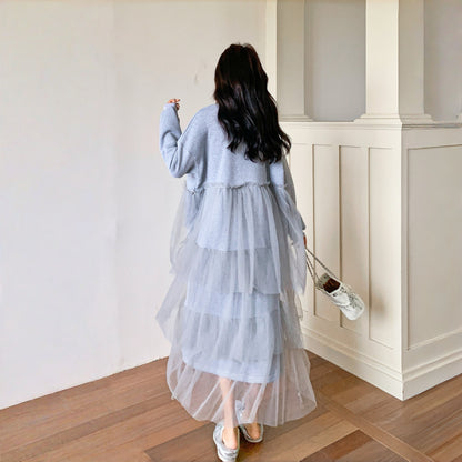 【ワンピース】カジュアル スリム見え チュール ミックス アルファベット 長袖ワンピース【JZシリーズ】