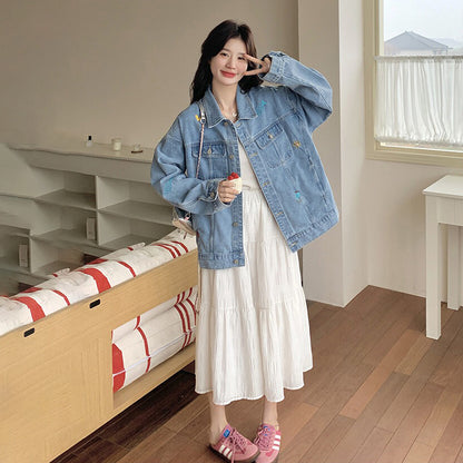 【アウター】ヴィンテージ BF風 刺繍 デニムジャケット レディース 春秋 韓国風 大人気 トレンド キュートカジュアル【SHシリーズ】