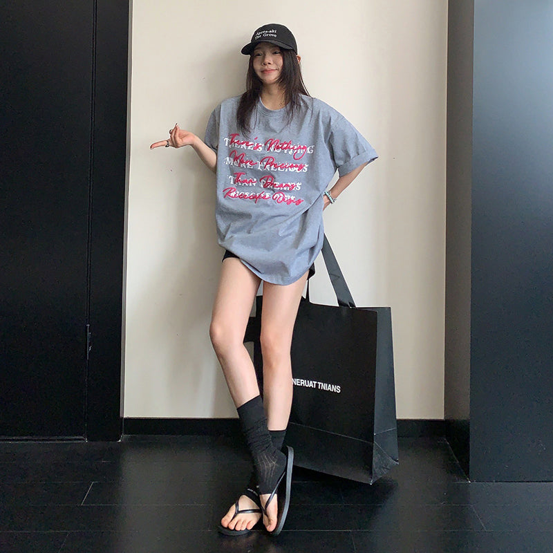 【トップス】ストリート系 ヴィンテージ加工 立体ロゴ刺繍Tシャツ 夏 レディース ルーズフィット 半袖【FCシリーズ】