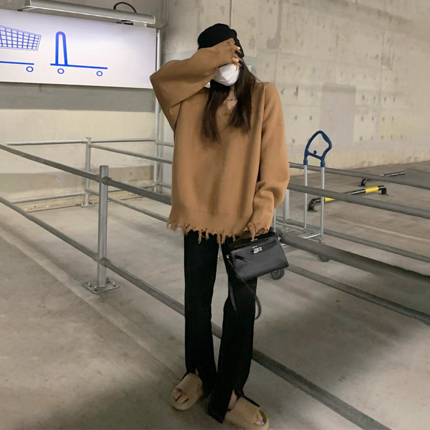 【トップス】ふんわり柔らか♪ 韓国風 ルーズ ニットセーター レディース 秋冬 ゆったりVネック プルオーバー【JZシリーズ】