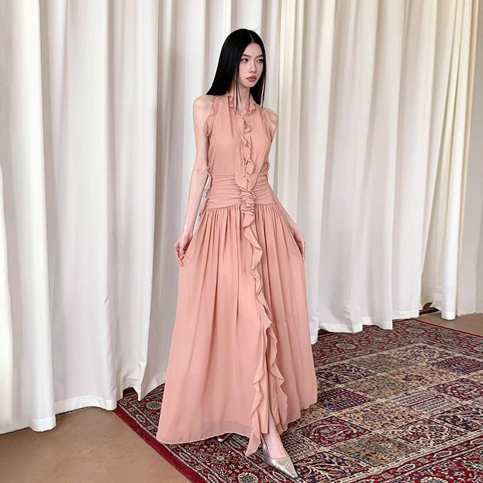 【ワンピース】ピンク Vネック ホルターネック バックオープン ワンピース 夏新作 フリルデザイン ノースリーブ ロング丈 レディース【JZシリーズ】