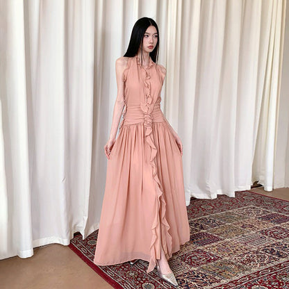 【ワンピース】ピンク Vネック ホルターネック バックオープン ワンピース 夏新作 フリルデザイン ノースリーブ ロング丈 レディース【JZシリーズ】