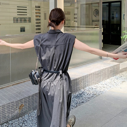 【ワンピース】グレーノースリーブワンピース ウエストマークで細見え◎上品見えの韓国風ロング丈【JZシリーズ】