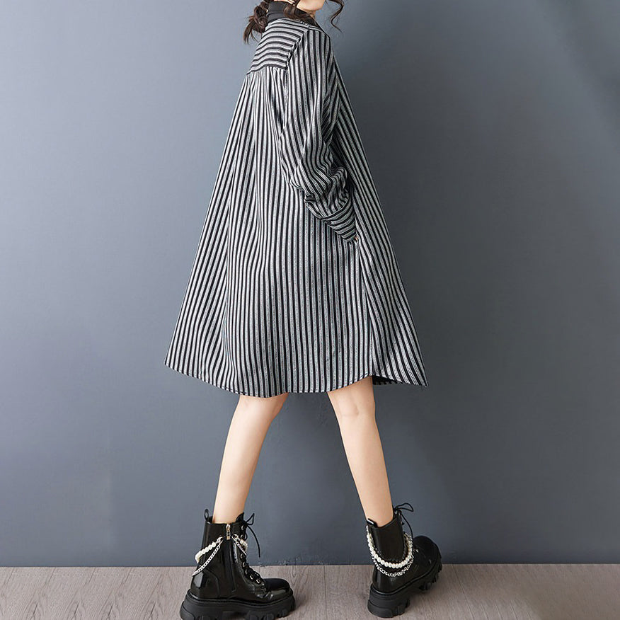 【ワンピース】ダークデザイン 無地×ストライプ 切替 長袖 ワンピース ゆったり【AHシリーズ】