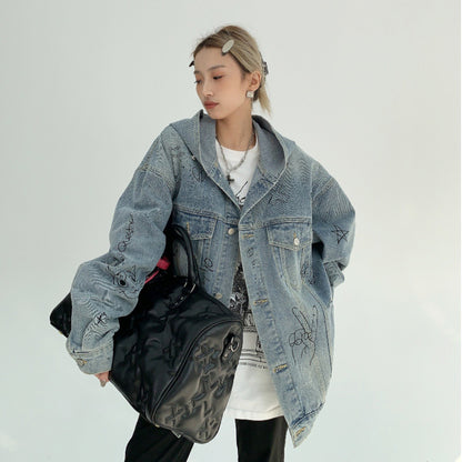 【アウター】春秋 アメリカン 小洒落 ヘビーウェイト カップルジャケット ゆったり レトロデザイン グラフィティ フード付きデニムジャケット【FCシリーズ】