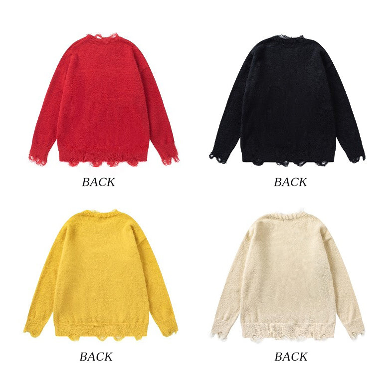 【トップス】秋冬 ねこ柄 破れ風 ダメージニット レトロ かわいい ゆったり 男女兼用 セーター【FCシリーズ】