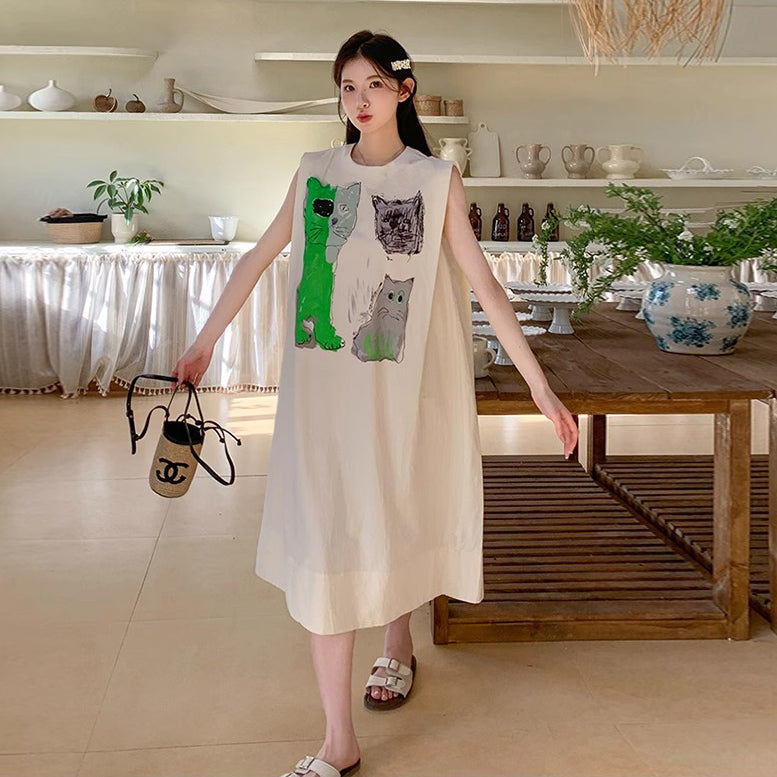 【ワンピース】カジュアル 気質 カートゥーン プリント ノースリーブ タンクワンピース レディース 夏 他と被らない コーディネート【SHシリーズ】
