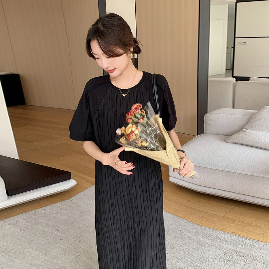 【ワンピース】高見えフレンチ風◎ブラックプリーツ 半袖ワンピース  ゆったり体型カバー【JZシリーズ】