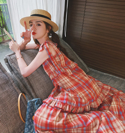 【ワンピース】海辺リゾート ゆったりシルエット 甘め優しげチェック柄ノースリーブワンピース【SHシリーズ】