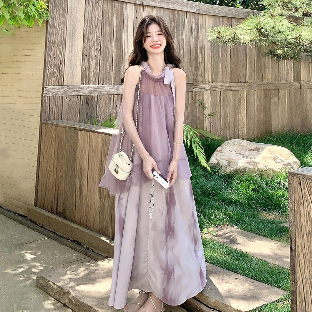 【ワンピース】フレンチ温柔感 フェイクツーインワンピース ノースリーブドレス【SHシリーズ】