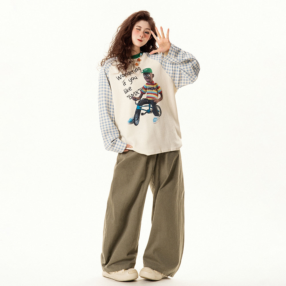 【トップス】レトロデザイン チェック切替 ラグラン長袖Tシャツ レディース ゆったり カジュアル【FCシリーズ】【15〜20日発送】