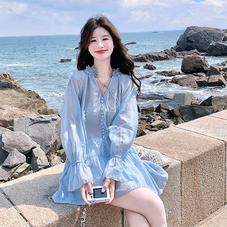 2点セット！【セットアップ】リゾート風 立体フラワー UVカット 長袖トップス＋ショートパンツ 上下セット【SHシリーズ】