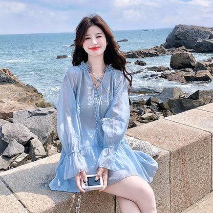 2点セット！【セットアップ】リゾート風 立体フラワー UVカット 長袖トップス＋ショートパンツ 上下セット【SHシリーズ】