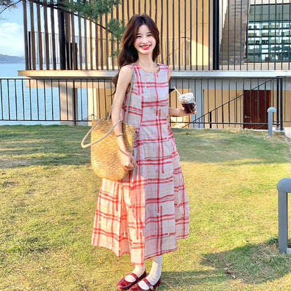 【ワンピース】フレンチヴィンテージ チェック柄 ノースリーブキャミソールワンピース 夏 文芸的な リゾート風【SHシリーズ】